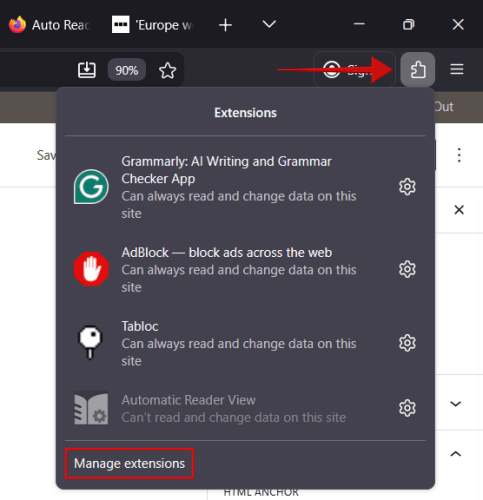Tapping on "Manage extensions" options in Firefox browser. 
