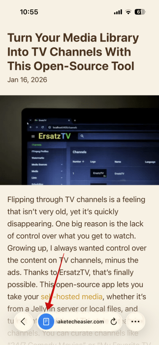 Tapping Reader mode icon in address bar in Safari on iPhone. 