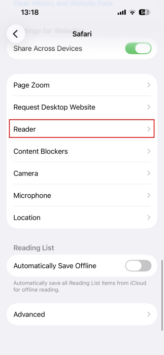 Tapping on Reader in Safari settings on iPhone. 