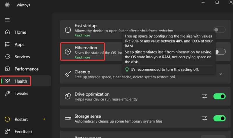 Hibernation Toggle Under Health In Wintoys