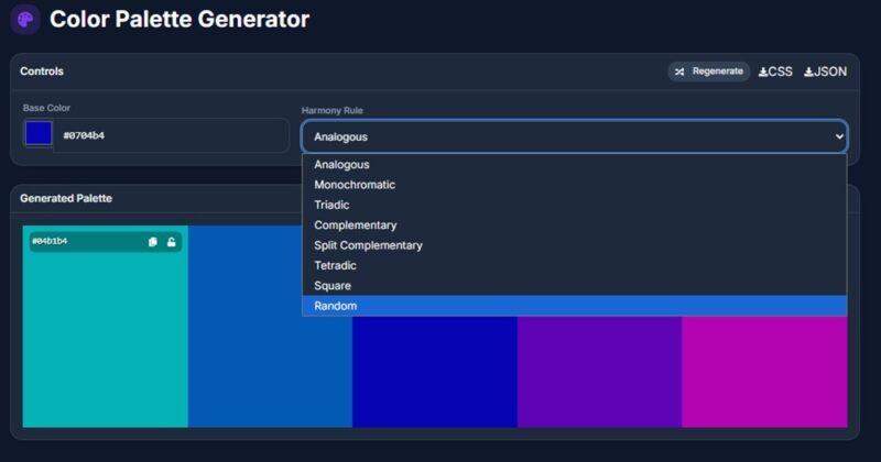 Generating a color palette using different harmony rules.