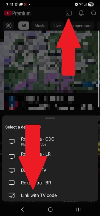 Choosing Link With TV Code on YouTube mobile app.