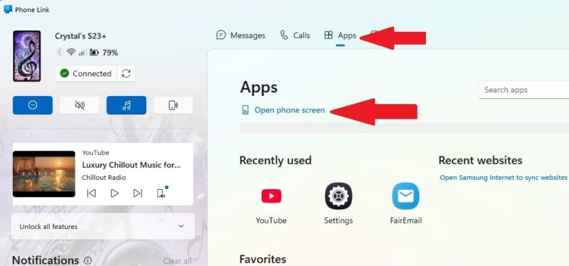 Selecting YouTube app in Windows Phone Link app.