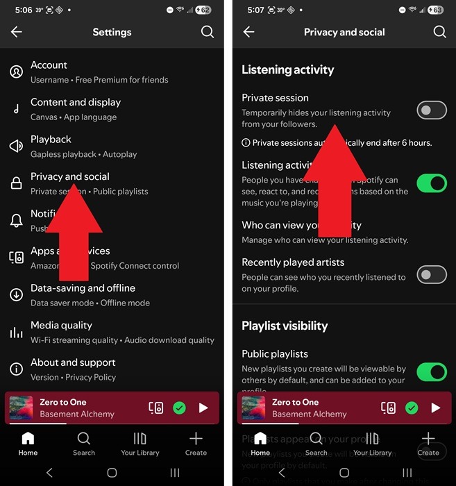 Starting a private session on Spotify.