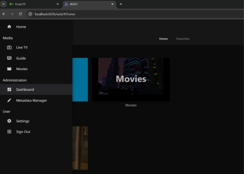 Jellyfin Homepage with menu