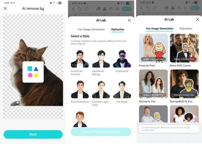 Using AI tools in the Liene Photo app.