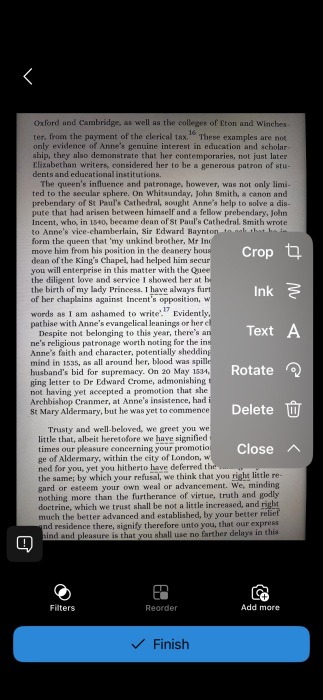 Editing menu for scanned document in OneDrive app on iPhone.