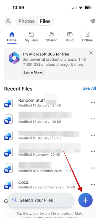 Tapping on plus button in OneDrive app on Android.