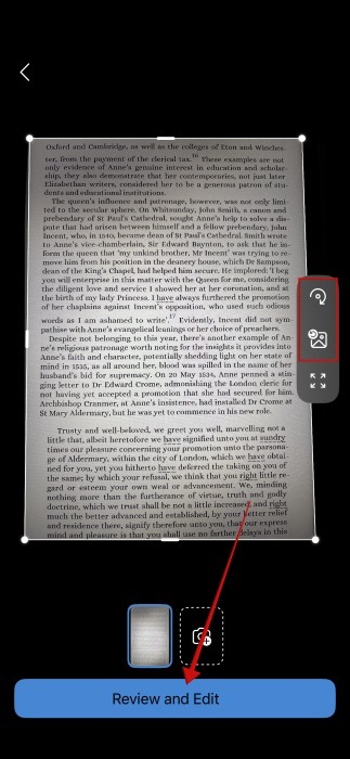 Pressing on "Review and Edit" button after adjusting scan.