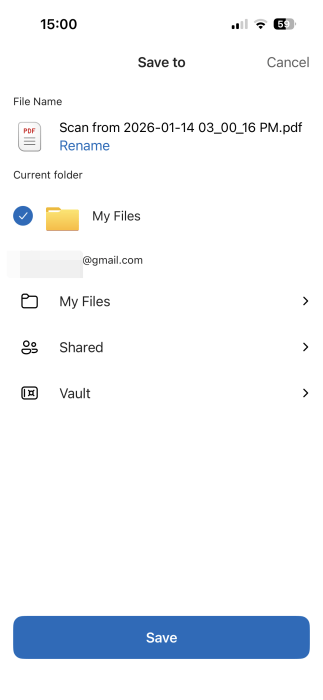 Saving scanned file in OneDrive app on iPhone.