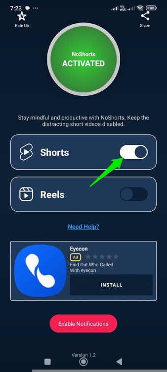 Enabling sshort blocking in No Shorts App