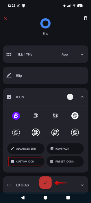 Picking icon for new custom tile when using Tile Shortcuts app on Android. 