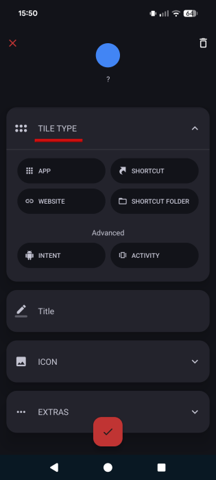 Selecting a Tile Type in Tile Shortcuts app.