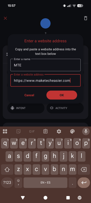 Creating a website tile for Quick Settings using Tile Shortcuts app. 
