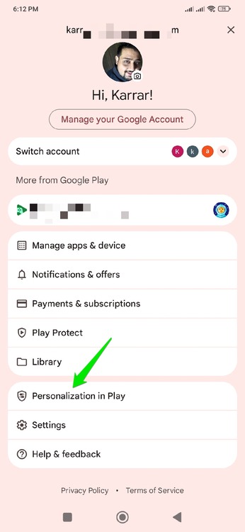 Play Store main menu personalization