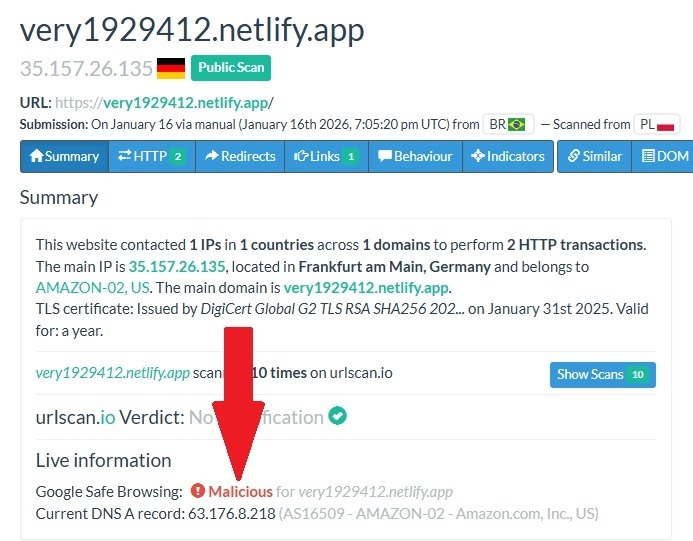 Malicious link verified in urlscan.io