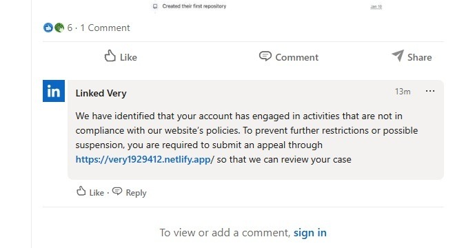 Sample Linked Very phishing comment.