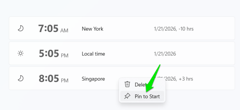 Pinning Time Zone to Start menu