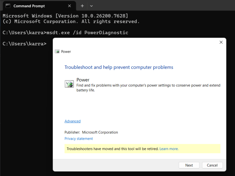 Power Troubleshooter running using CMD command