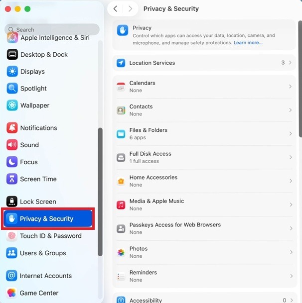 Viewing permissions in macOS Tahoe.