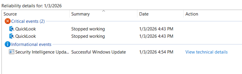 Reliability Monitor Details section