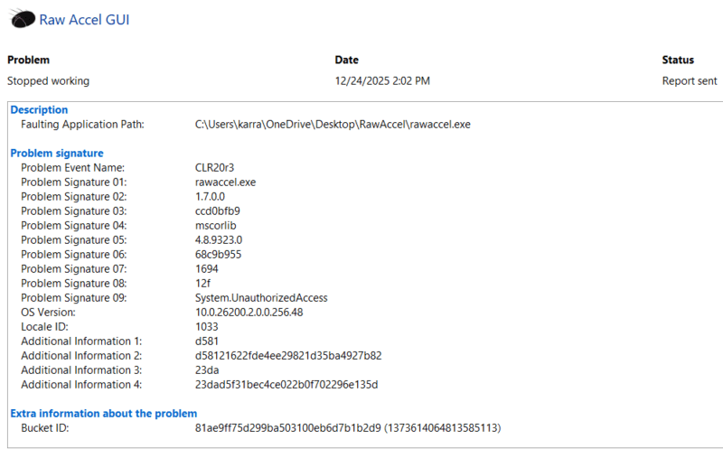 Reliability Monitor showing problems with Raw Accel app