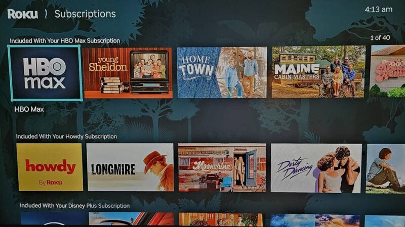 Roku showing content included with each premium subscription.