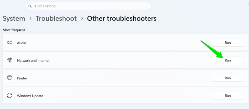 Running network Troubleshooter