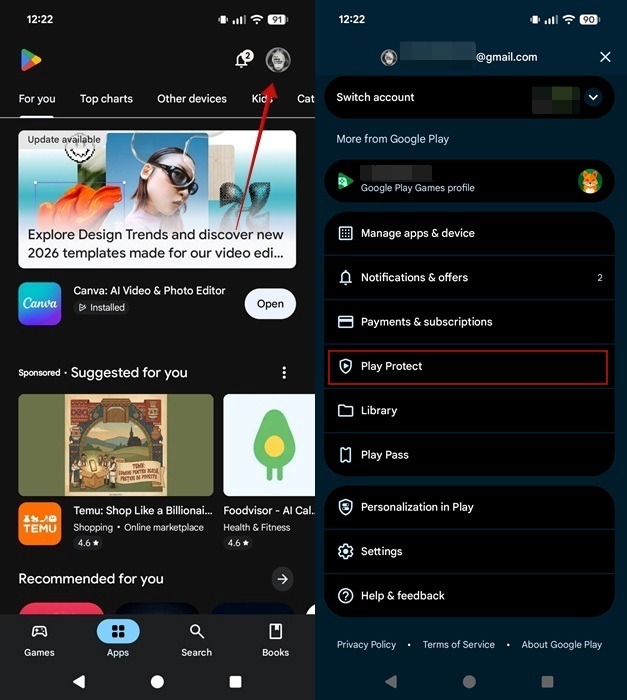 Accessing "Play Protect" from Google Play Store app on Android. 