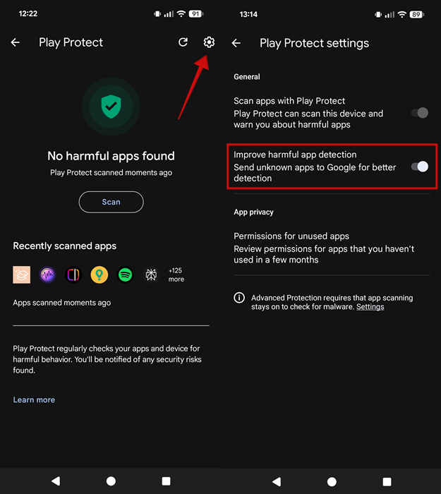 Turning on "Improve harmful app detection" in Google Play Store on Android. 