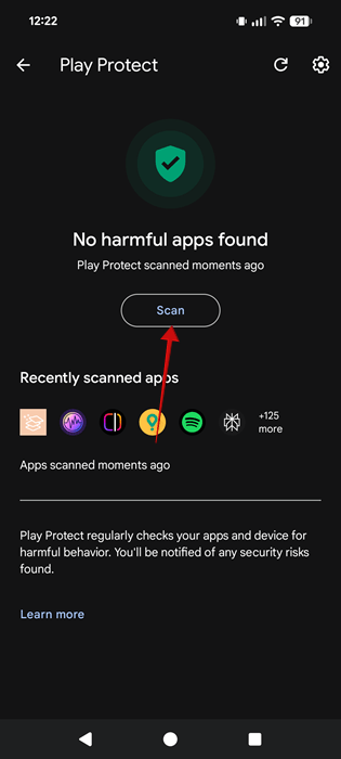 Tapping on "Scan" button in Play Protect on Android phone. 