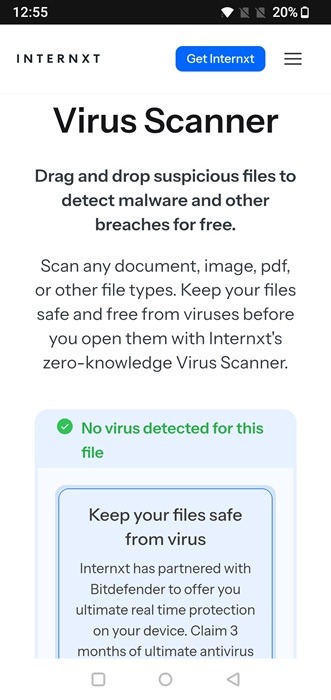 Using Internxt to scan for APK file on Android. 