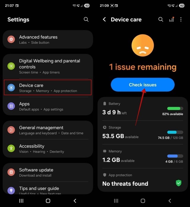 Accessing "Device care" in Samsung settings on Galaxy phone. 