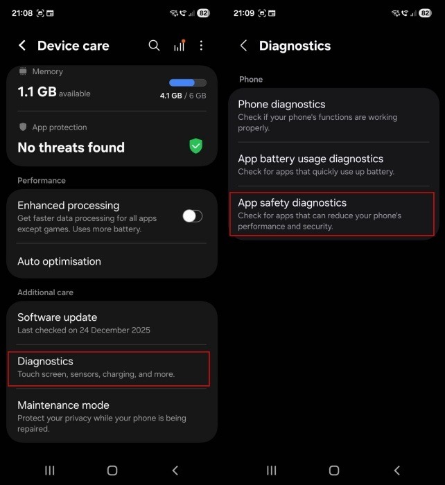 Accessing Diagnostic options in Samsung Galaxy settings.