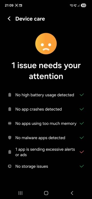 Issues view in Samsung Device Care on Galaxy device. 
