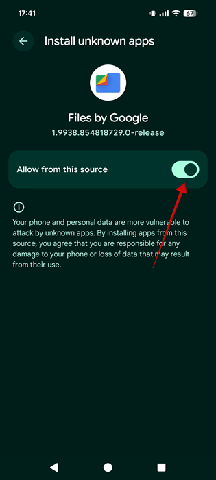 Turning on option to "Allow from this source" in Android Settings. 