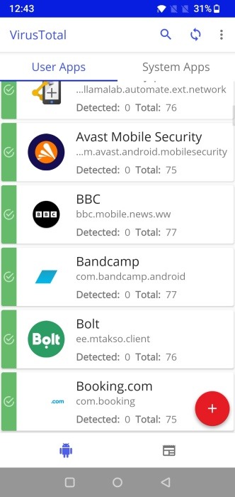 Viewing VirusTotal app on Android which scans installed apps.