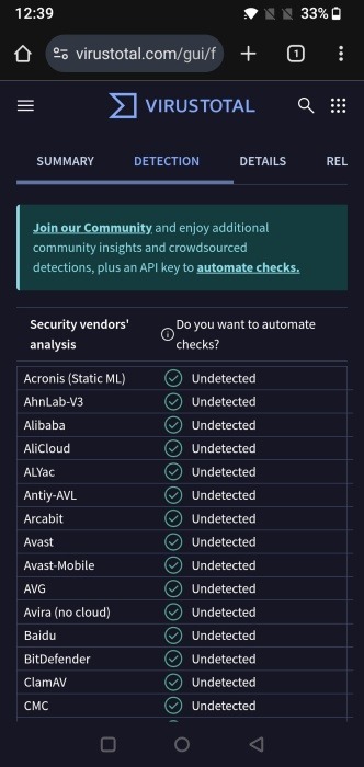 Scanning APK with VirtusTotal on Android phone. 