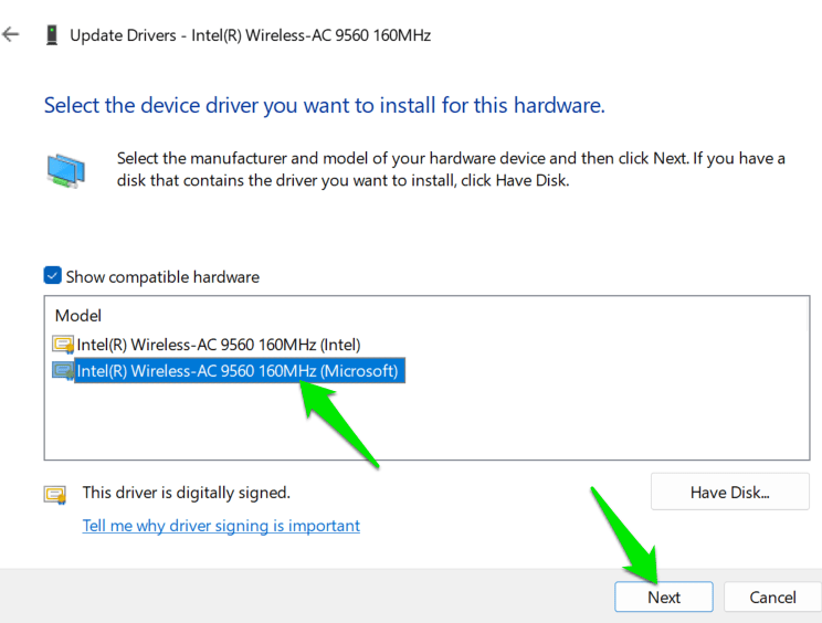 Selecting Network Driver to change