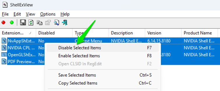Disabling context menu items in ShellExView