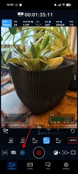 Switching focal length in Blackmagic Camera on Android.