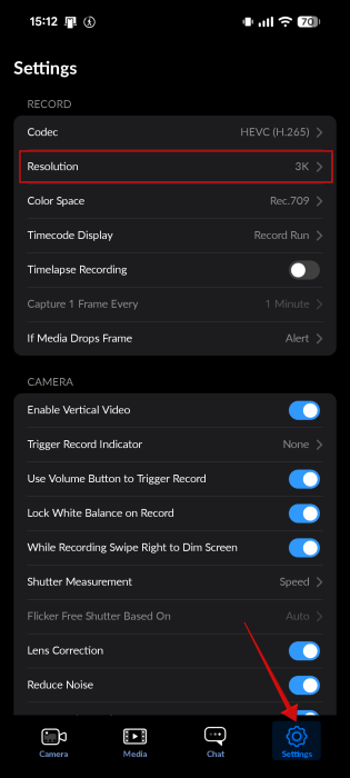 Navigating to "Resolution" in Blackmagic Camera app on Android.