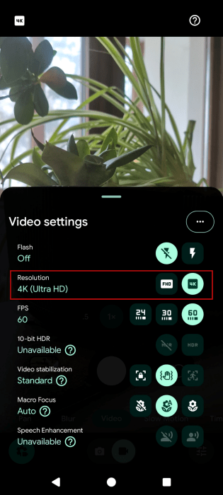 Settings the "Resolution" for Video in Pixel Camera app.