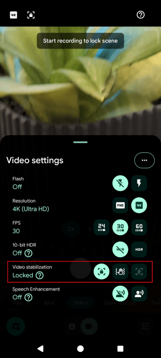 Turning video stabilization off in Pixel Camera app on Android.
