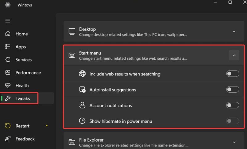 Start Menu Toggles Under Tweaks In Wintoys