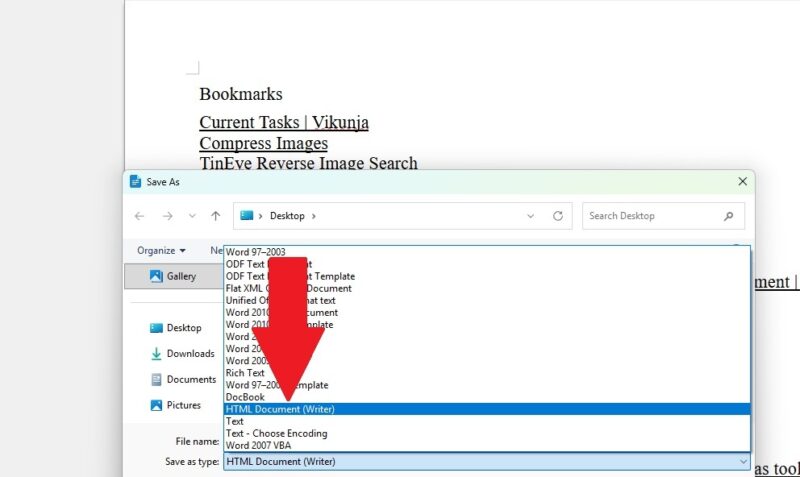 Saving bookmarks in sections using Word.