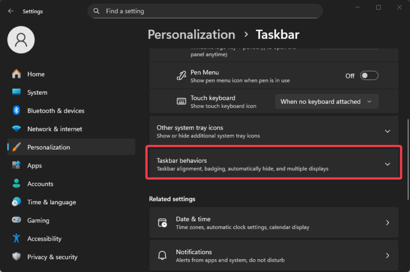 Taskbar Behaviors In Settings