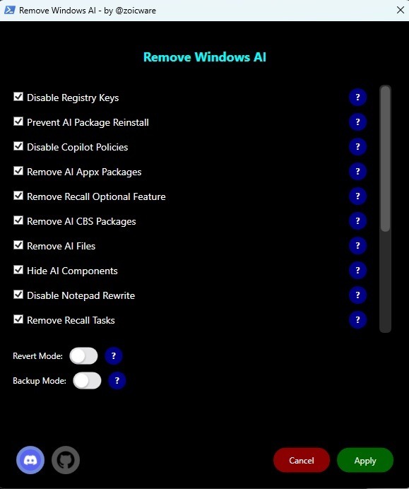 Remove Windows AI options window.