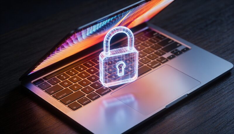 Topdown Modern Sleek Laptop On Dark Wooden Desk With A Shield Hologram