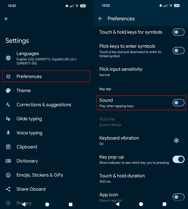 Turning off "Sound" from "Preferences" in Gboard Settings on Android. 